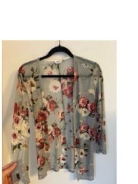 Light Blue Sheer Floral Open Front Cardigan/kimono Sz M GUC